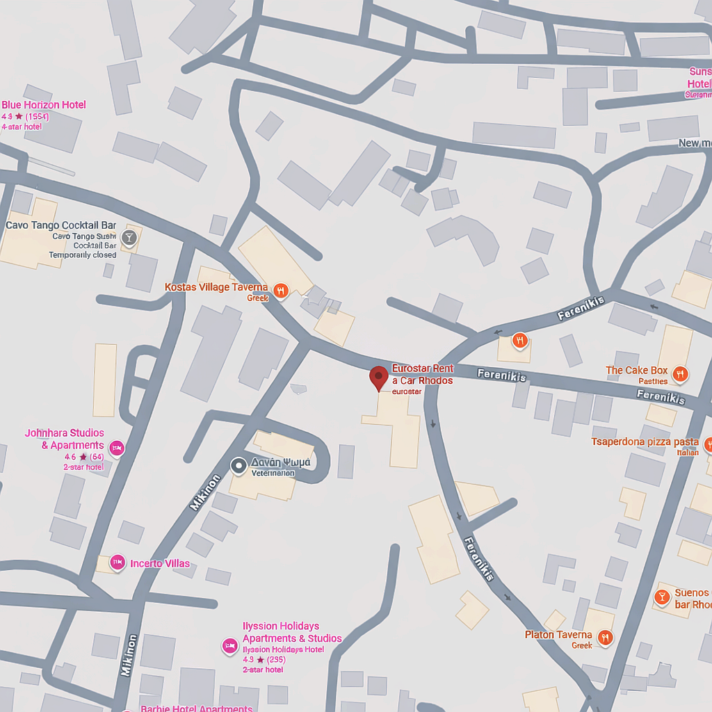 Eurostar Rhodes car rental map at Ferenikis 21.